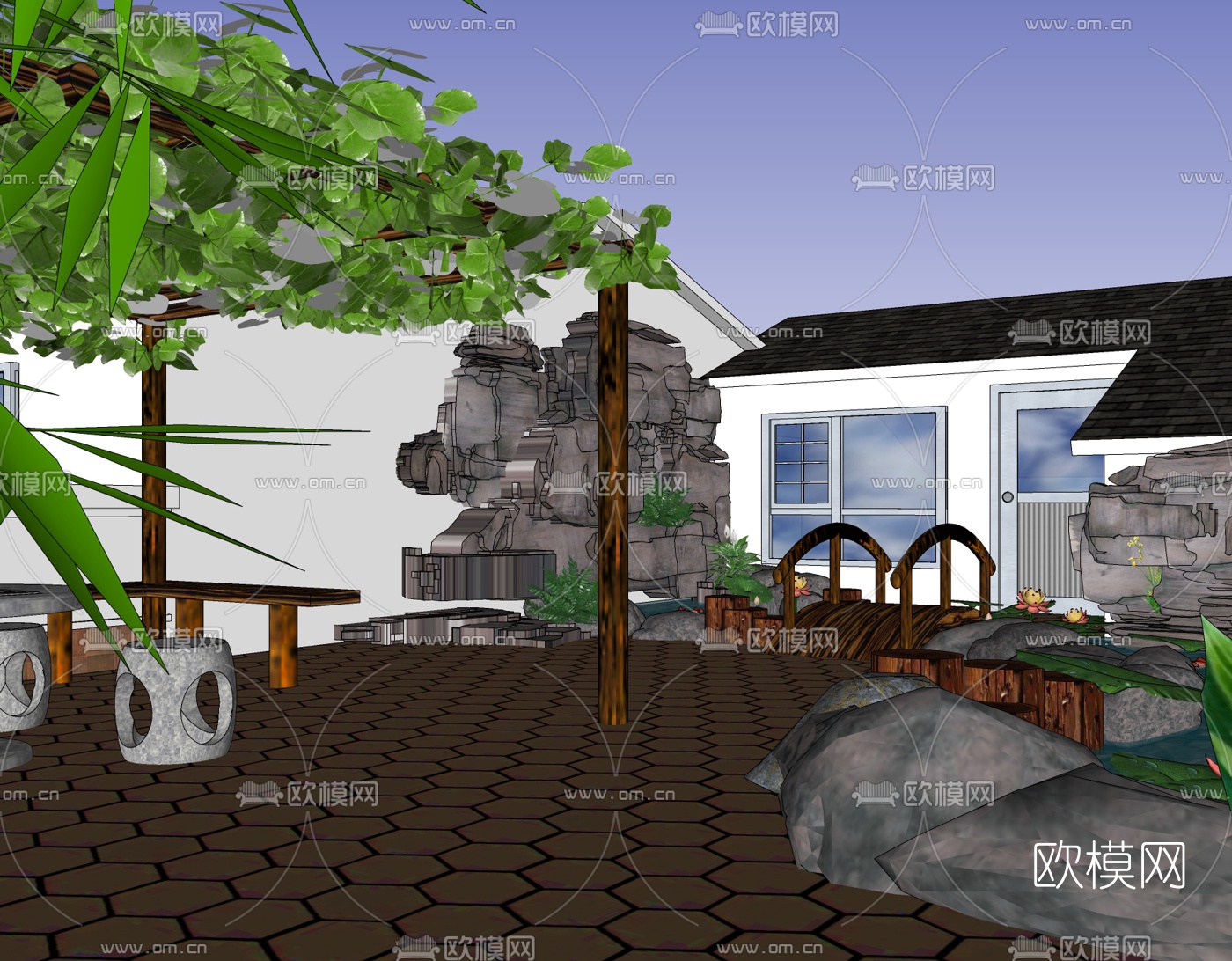 中式庭院花园免费su模型下载（渲染图1）