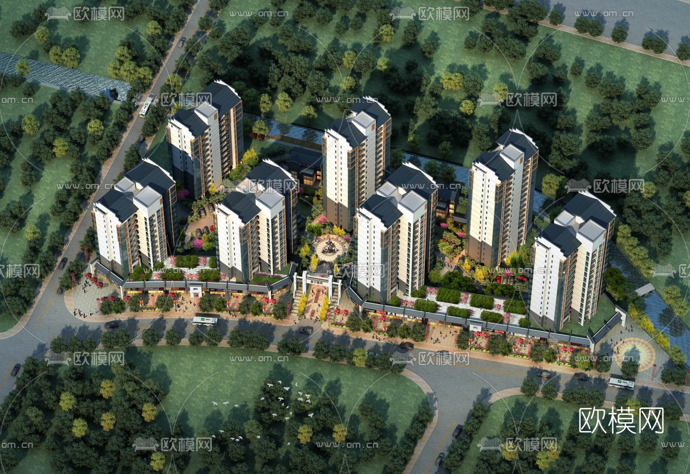 新中式住宅区鸟瞰规划3d模型下载