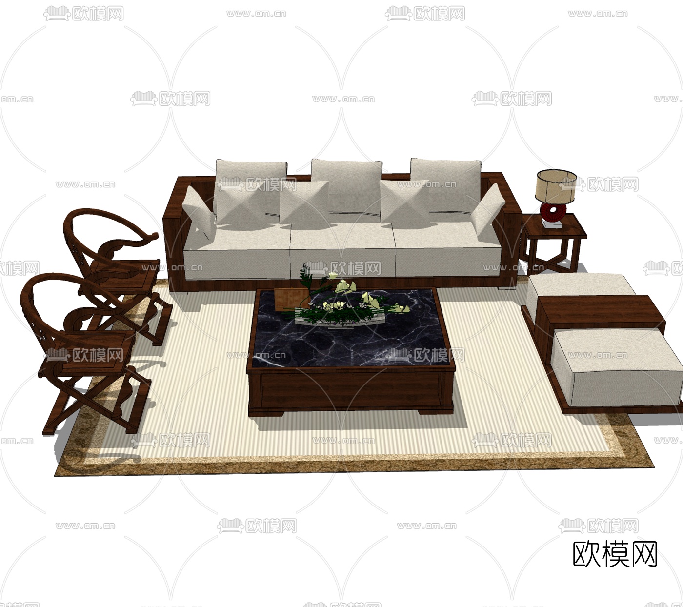 中式实木沙发组合免费su模型下载