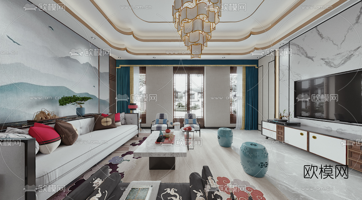 新中式客厅餐厅cr全景3d模型