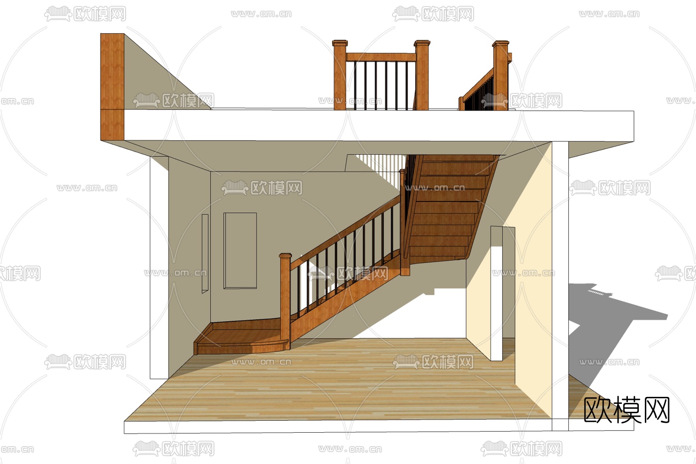 现代实木转角楼梯免费su模型下载