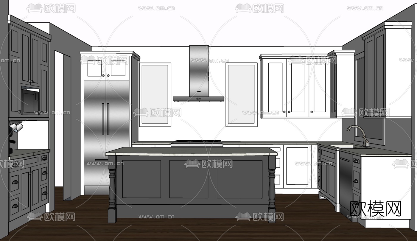 简欧实木橱柜免费su模型下载
