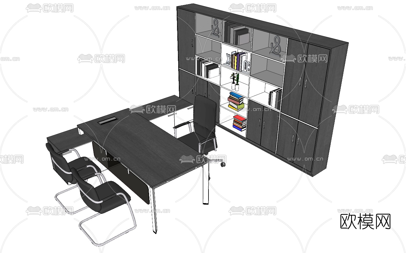 现代班台桌椅文件柜su模型下载（渲染图2）