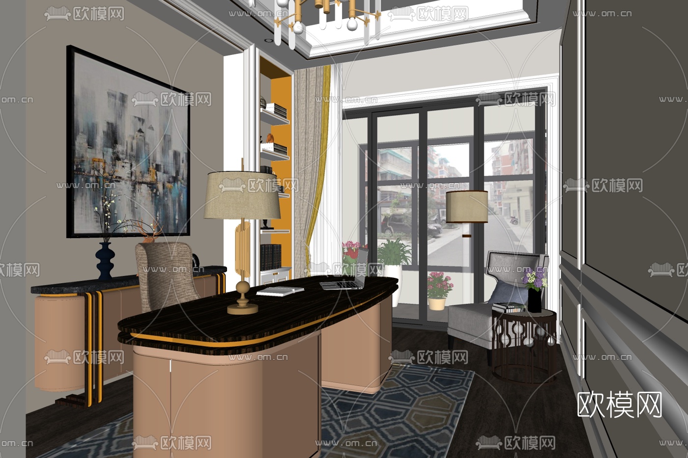 现代轻奢书房免费su模型下载