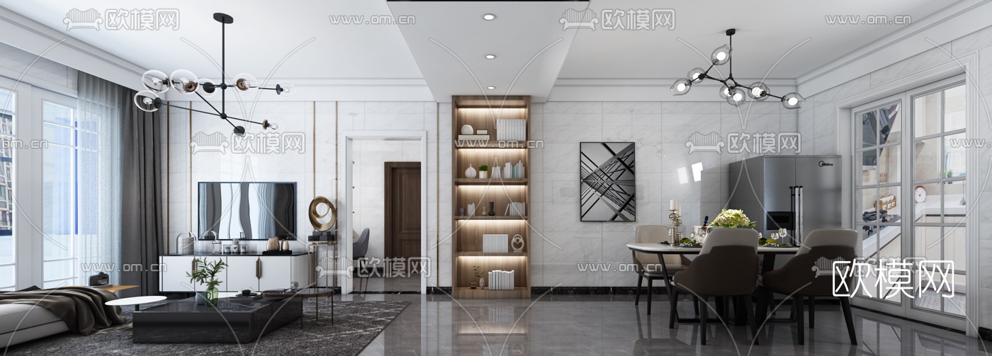 现代轻奢客厅餐厅3d模型