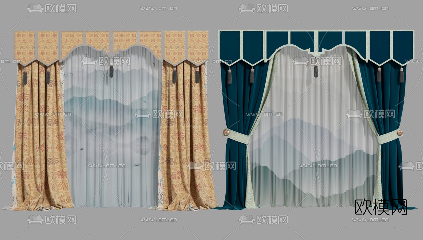 新中式窗帘窗纱组合3d模型下载