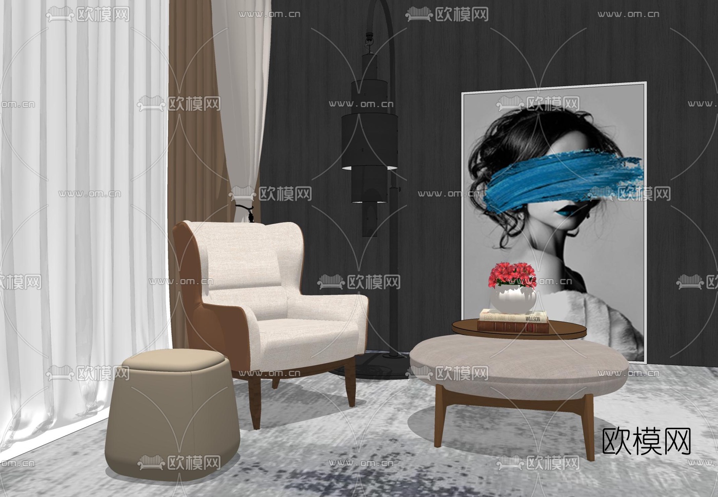 现代布艺休闲沙发su模型下载