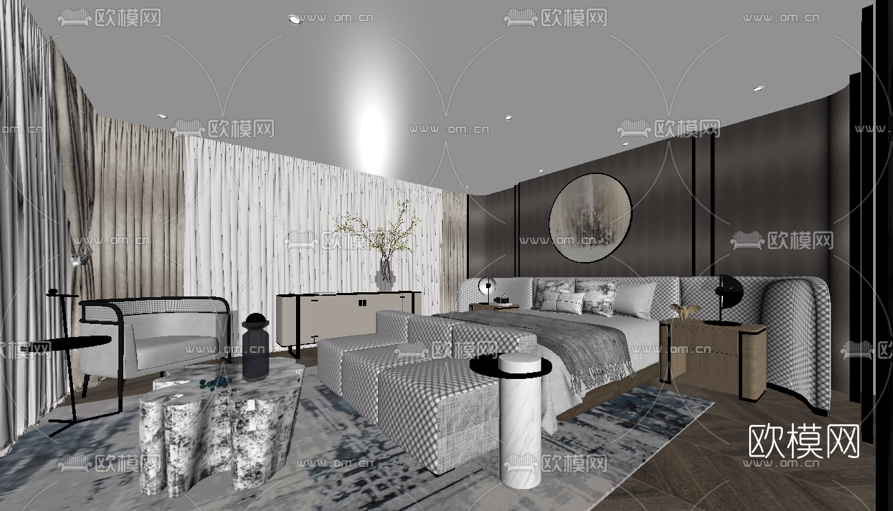 新中式卧室su模型下载
