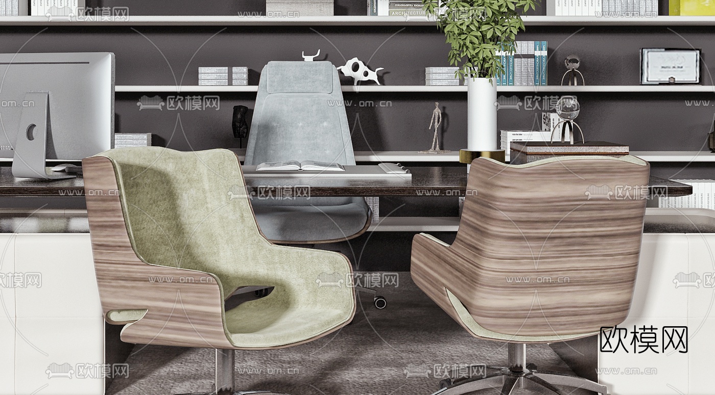 现代实木班台桌3d模型下载（渲染图2）