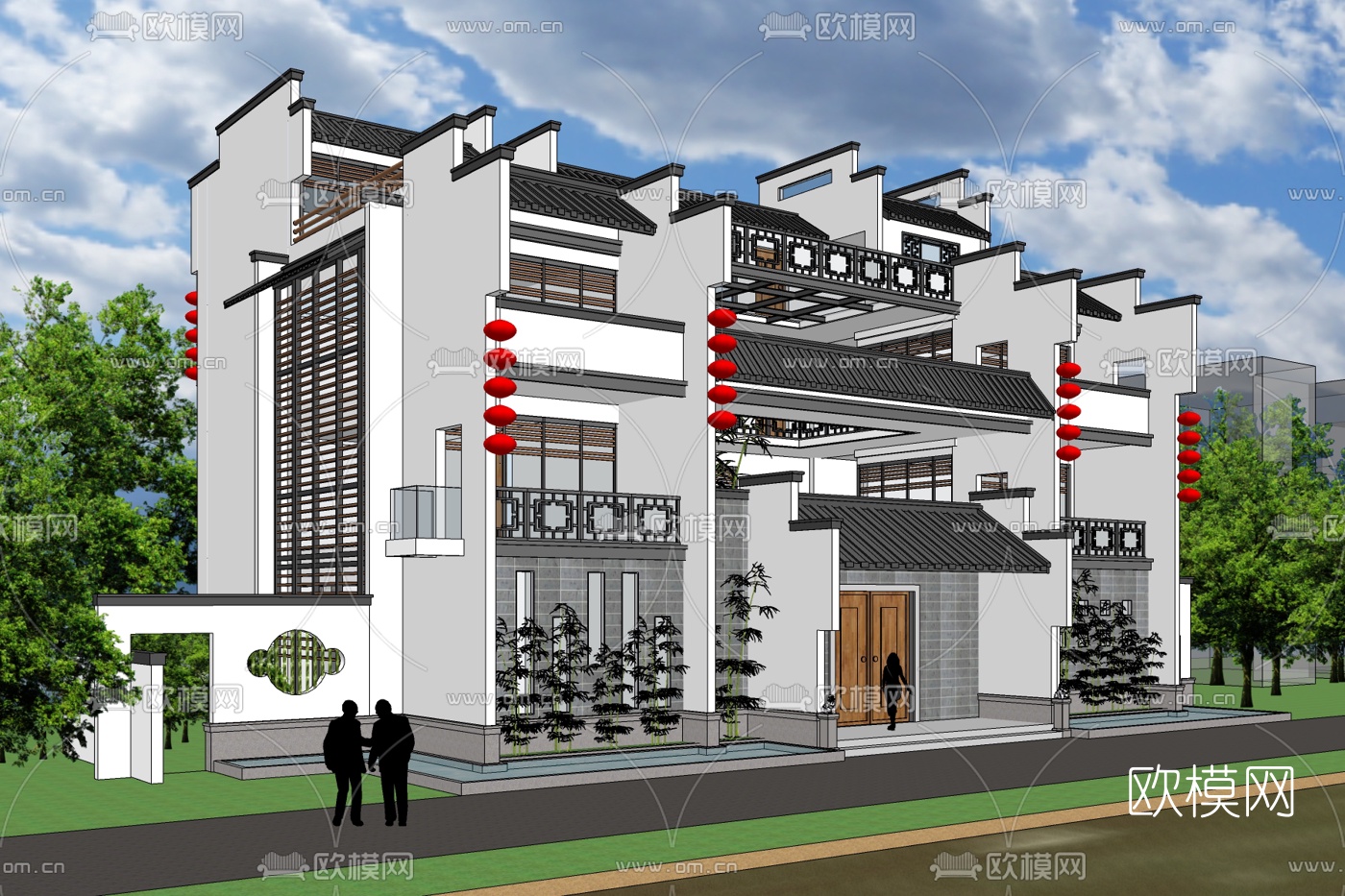 新中式独栋别墅免费su模型下载