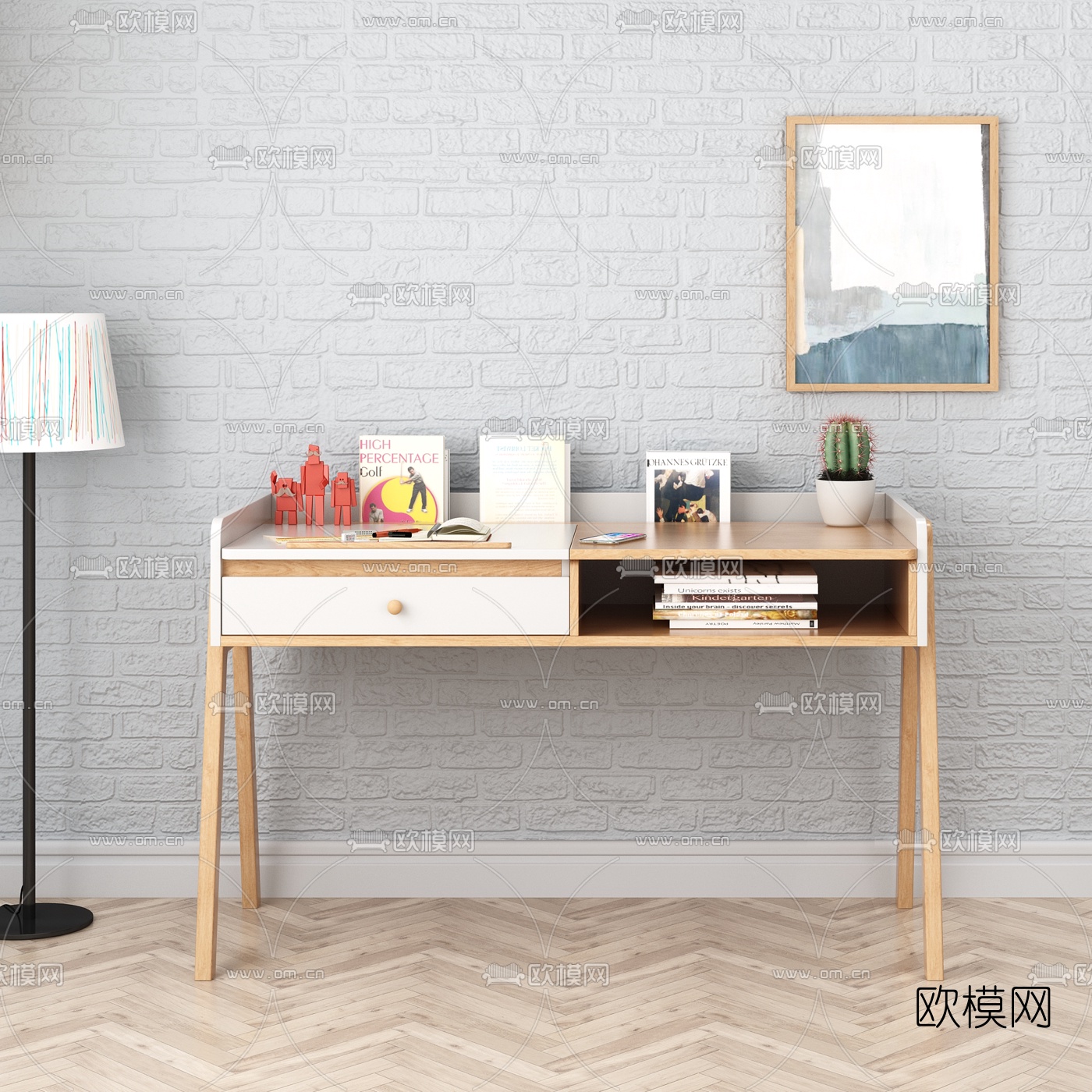 北欧原木书桌3d模型下载（渲染图1）