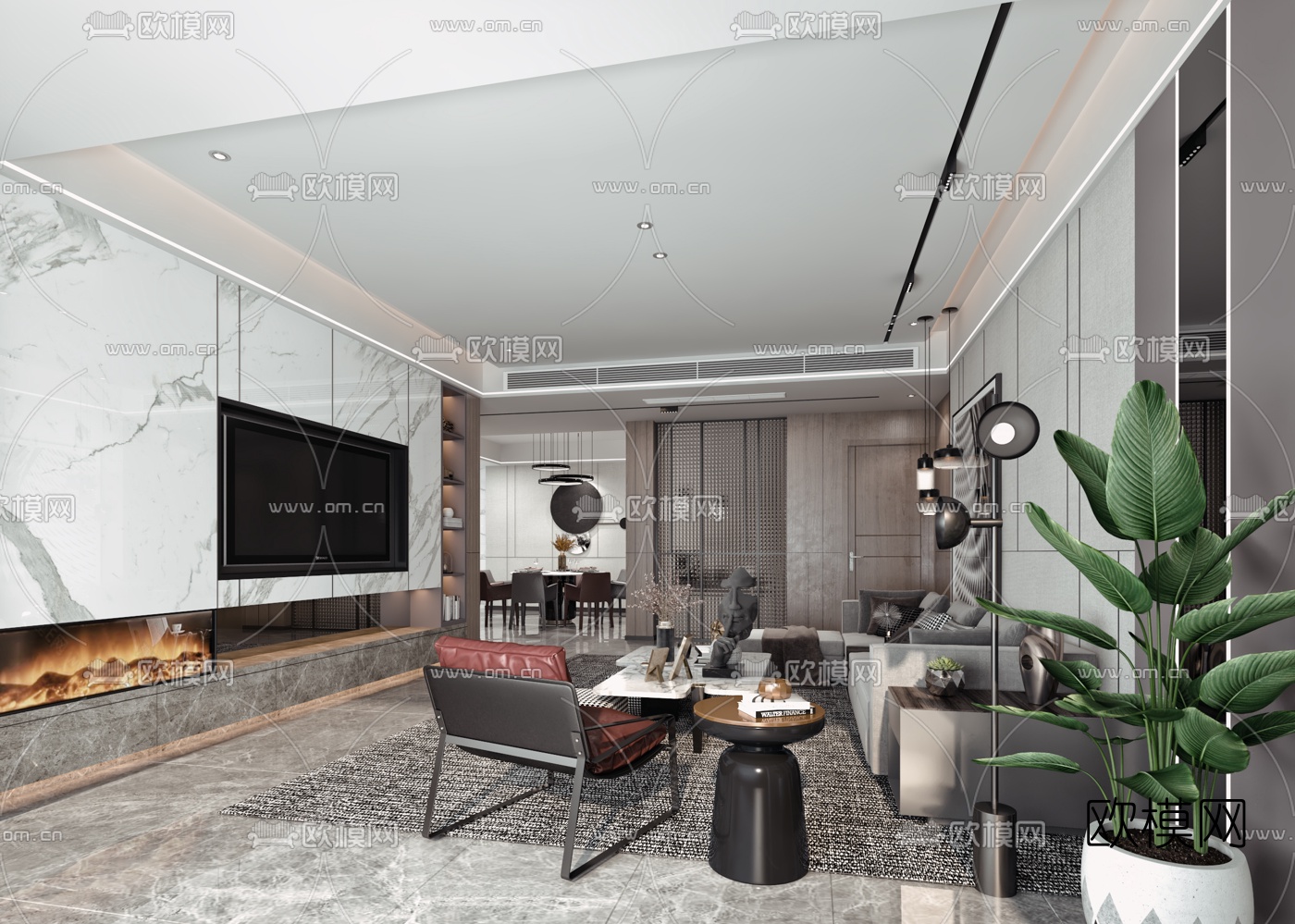 现代客厅餐厅3d模型