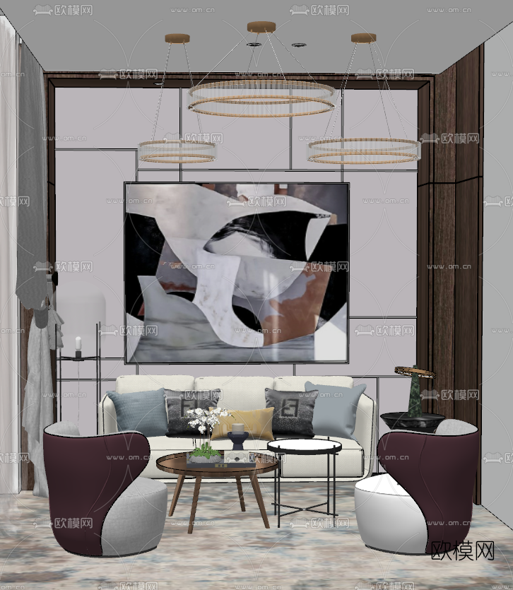 北欧布艺组合沙发su模型下载