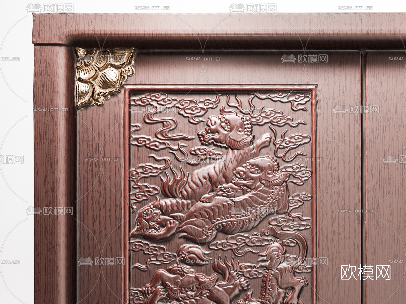 中式浮雕双开门3d模型下载（渲染图2）