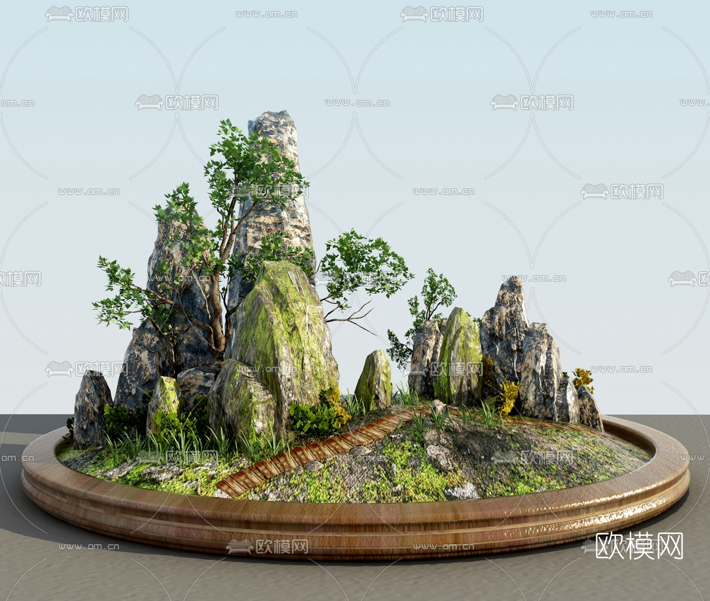 新中式假山植物景观摆件3d模型下载