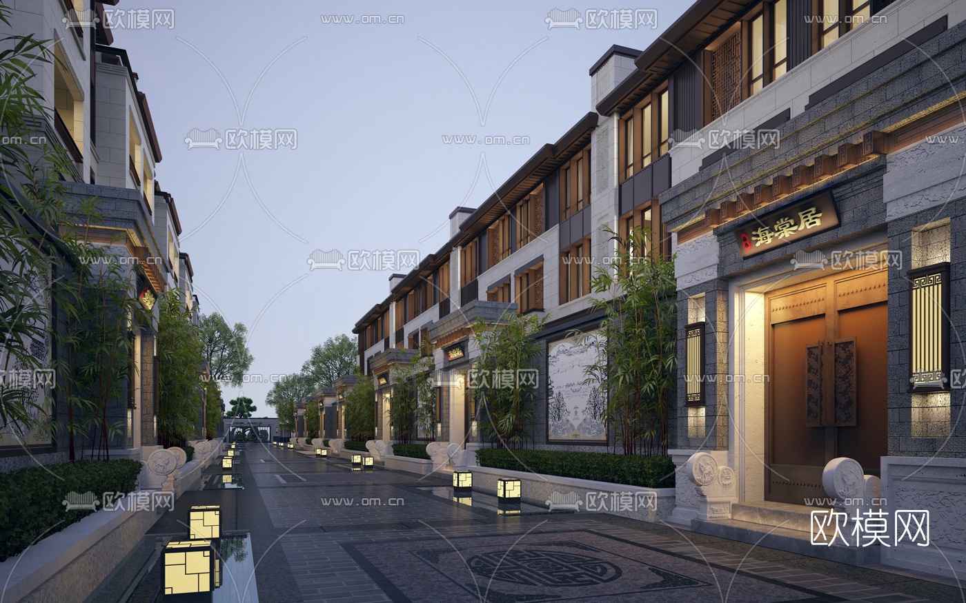 新中式联排别墅外观3d模型-免费3dmax模型库-欧模网