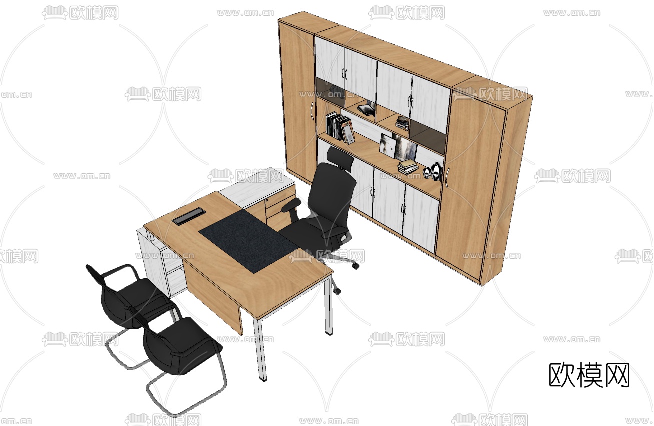 现代班台桌椅文件柜su模型下载（渲染图2）