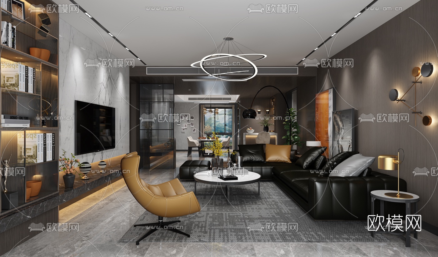 后现代混搭客厅餐厅3d模型下载（渲染图1）