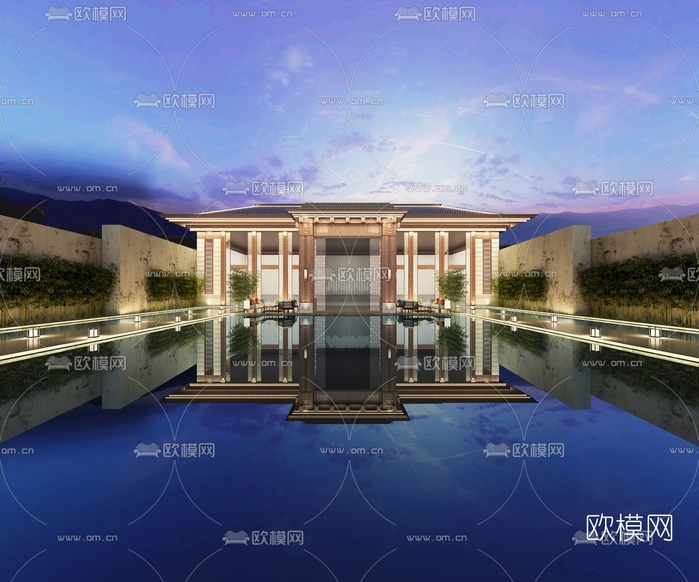新中式夜景售楼处3d模型下载(渲染图3)