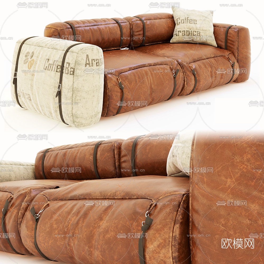 工业风皮革双人沙发3d模型下载（渲染图2）