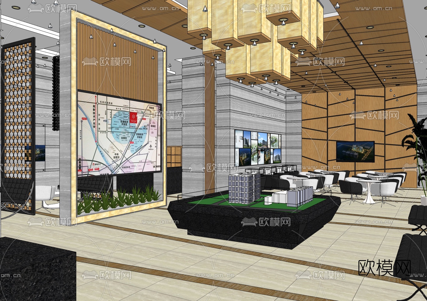 新中式售楼处su模型下载