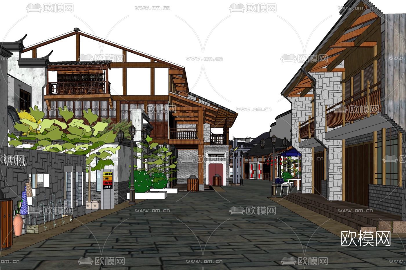 新中式商业街免费su模型下载