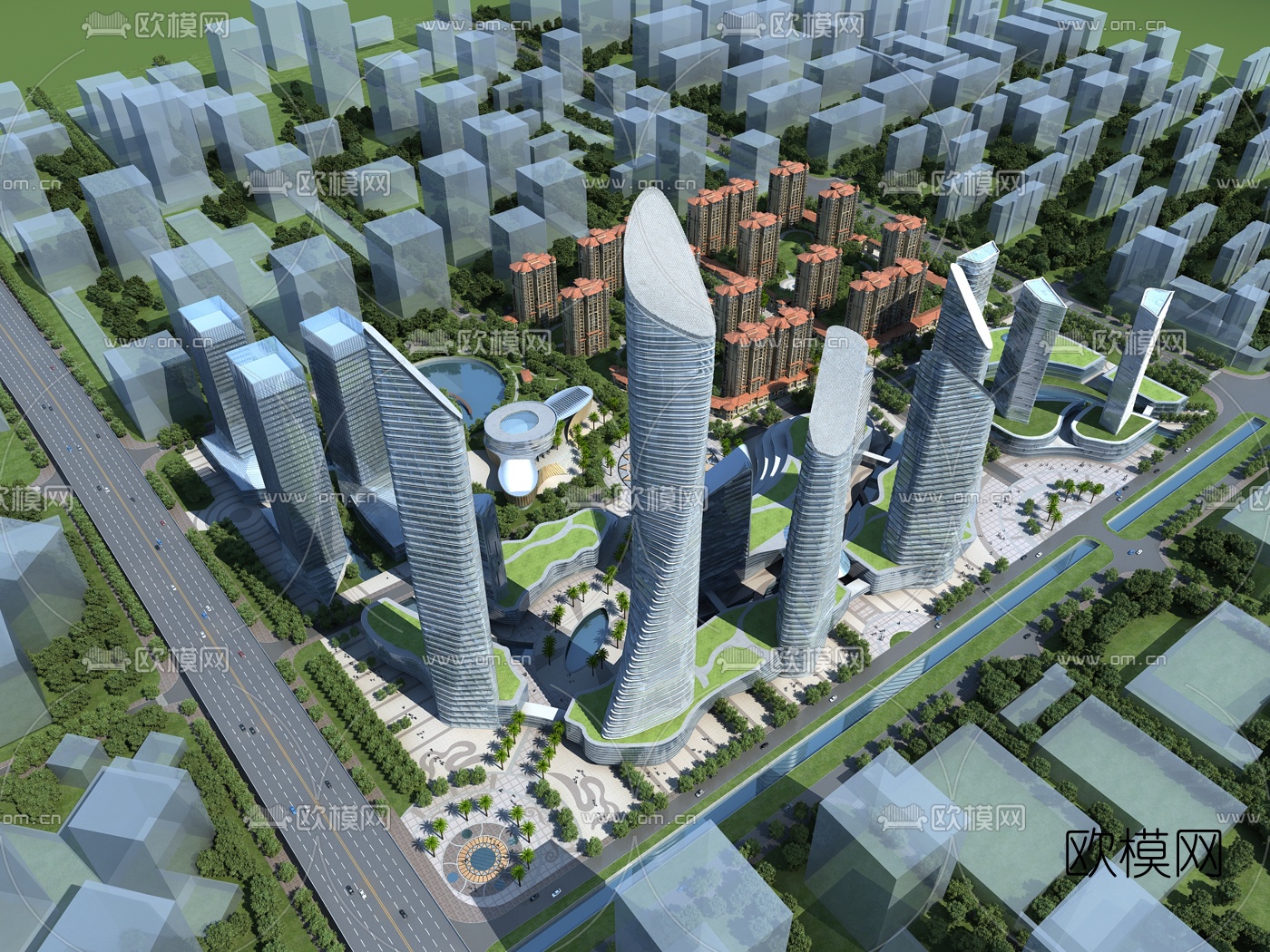 现代办公园区鸟瞰3d模型-免费3dmax模型库-欧模网