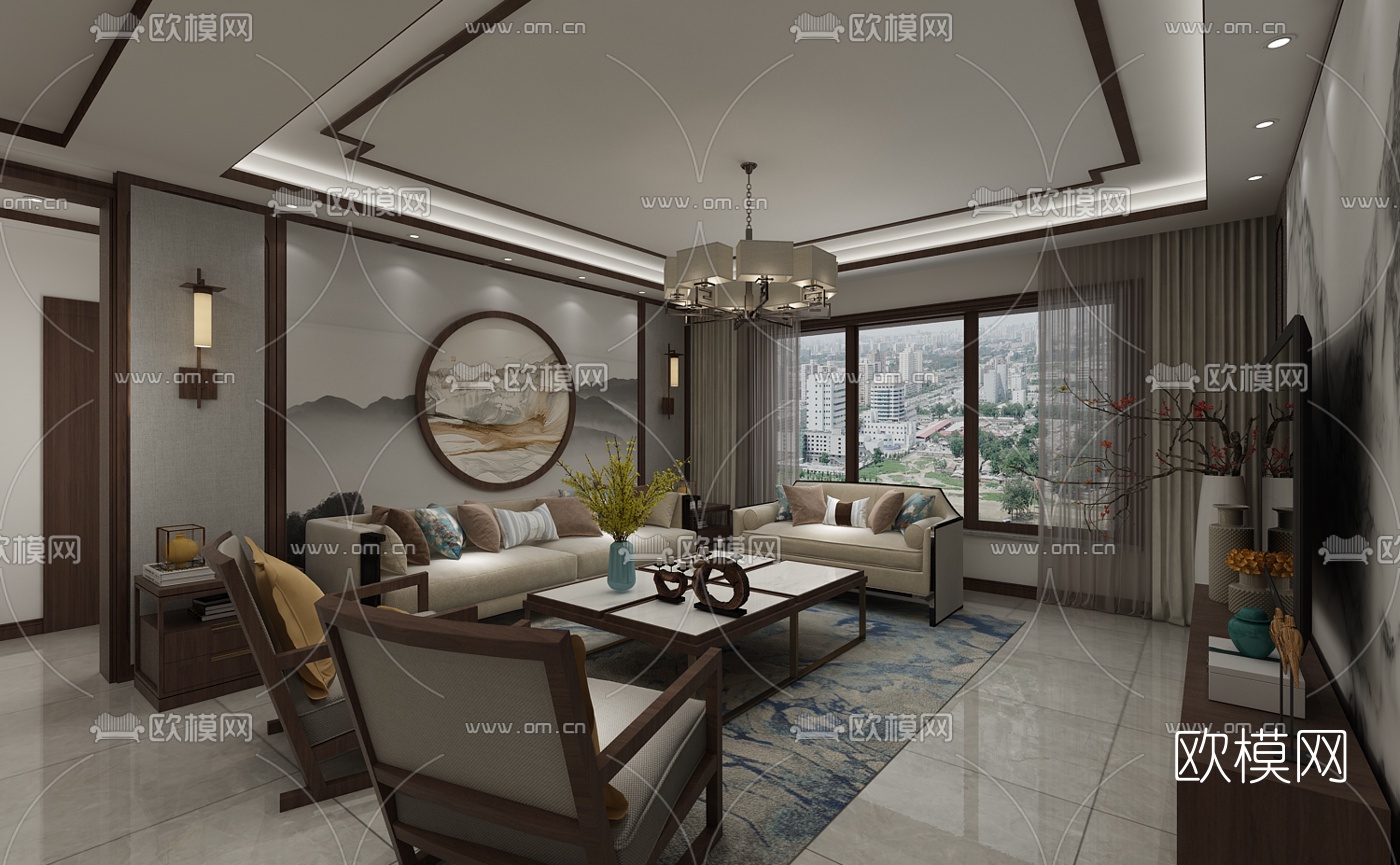 新中式复式客厅餐厅免费3d模型下载（渲染图4）