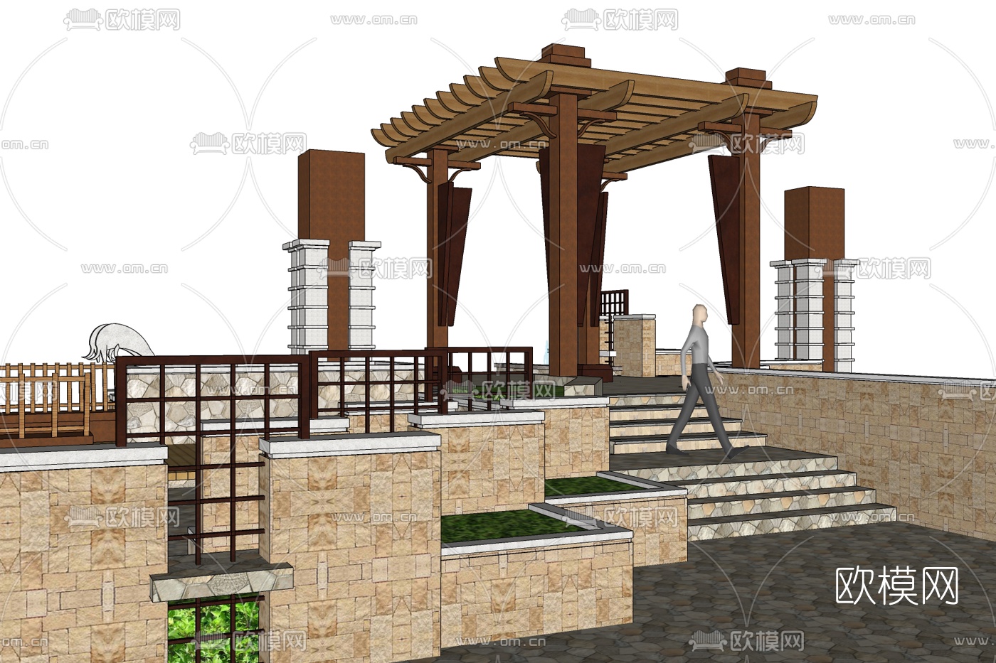 东南亚凉亭景观墙小品免费su模型下载