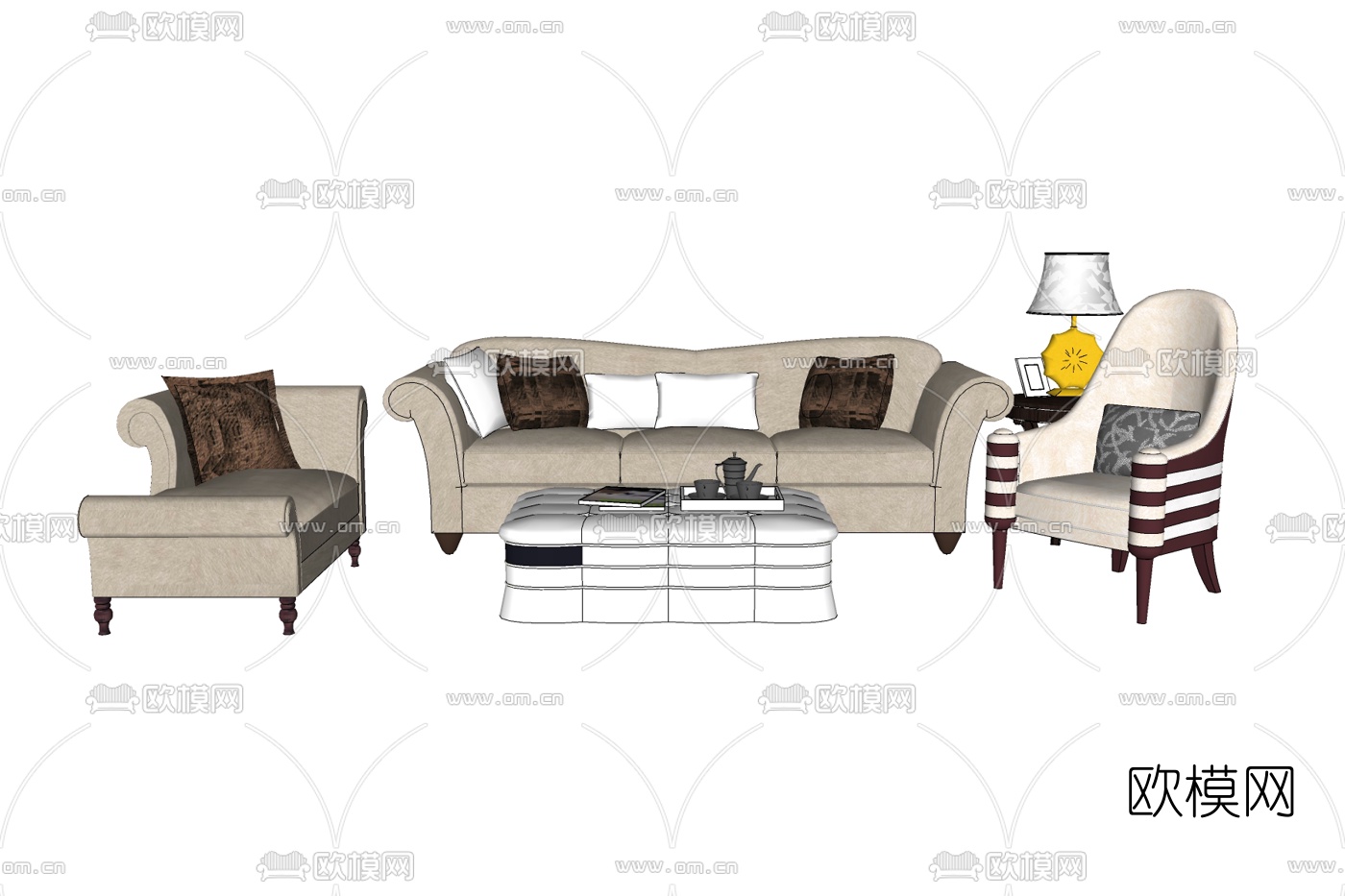 现代布艺组合沙发免费su模型下载