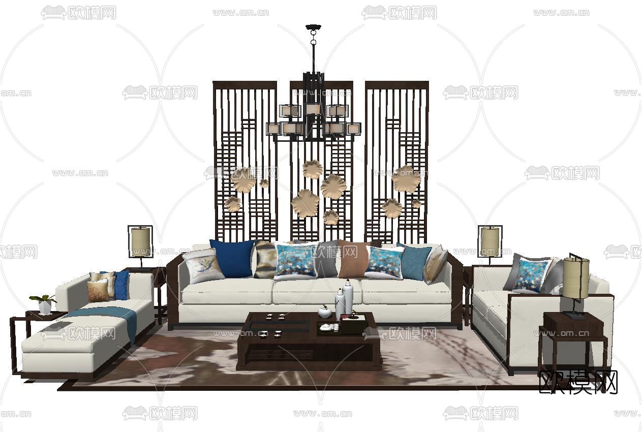 新中式布艺组合沙发su模型下载