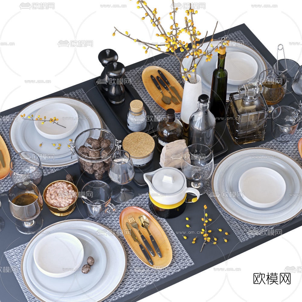现代西餐餐具组合3d模型下载（渲染图2）