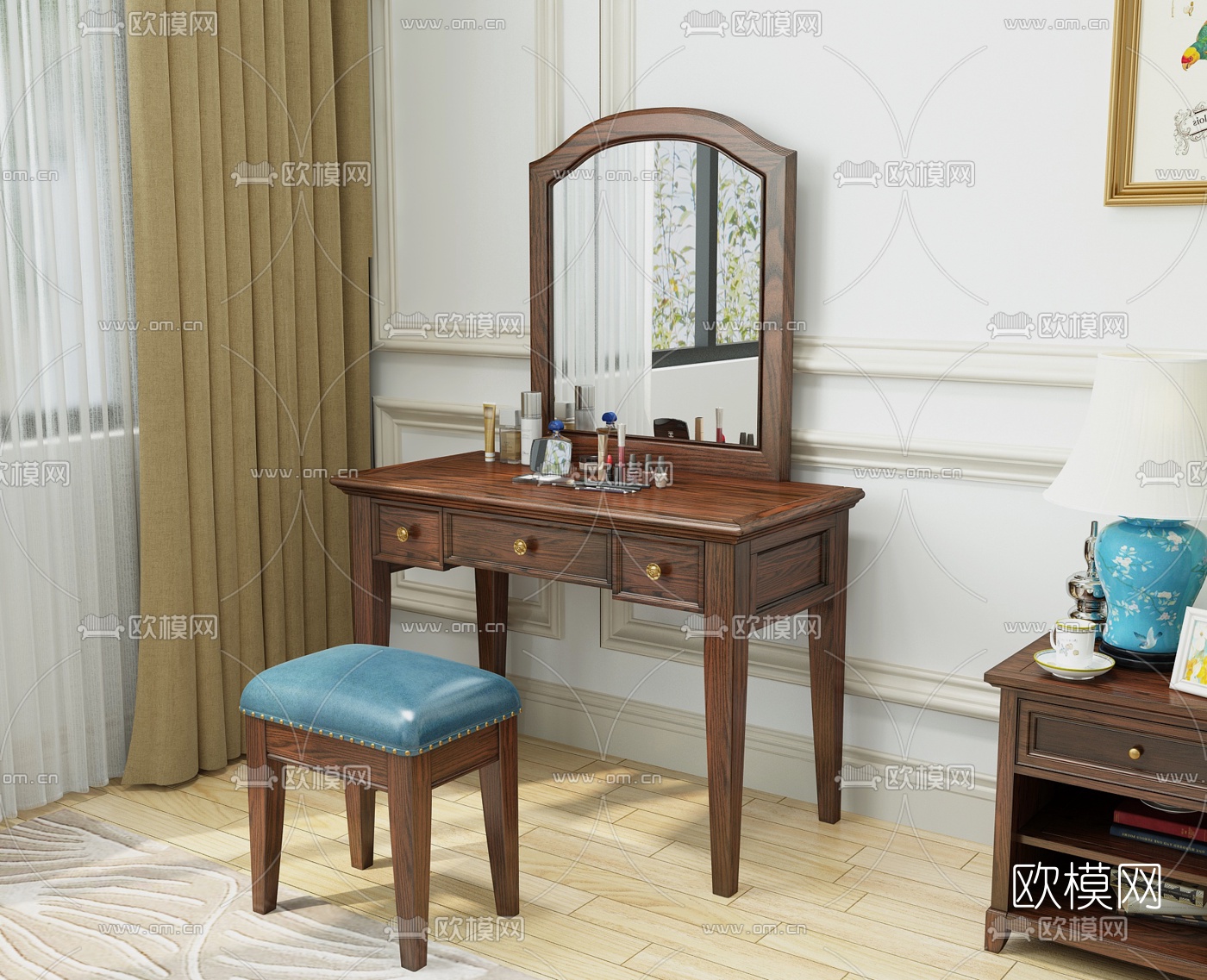 美式实木梳妆台3d模型下载（渲染图1）