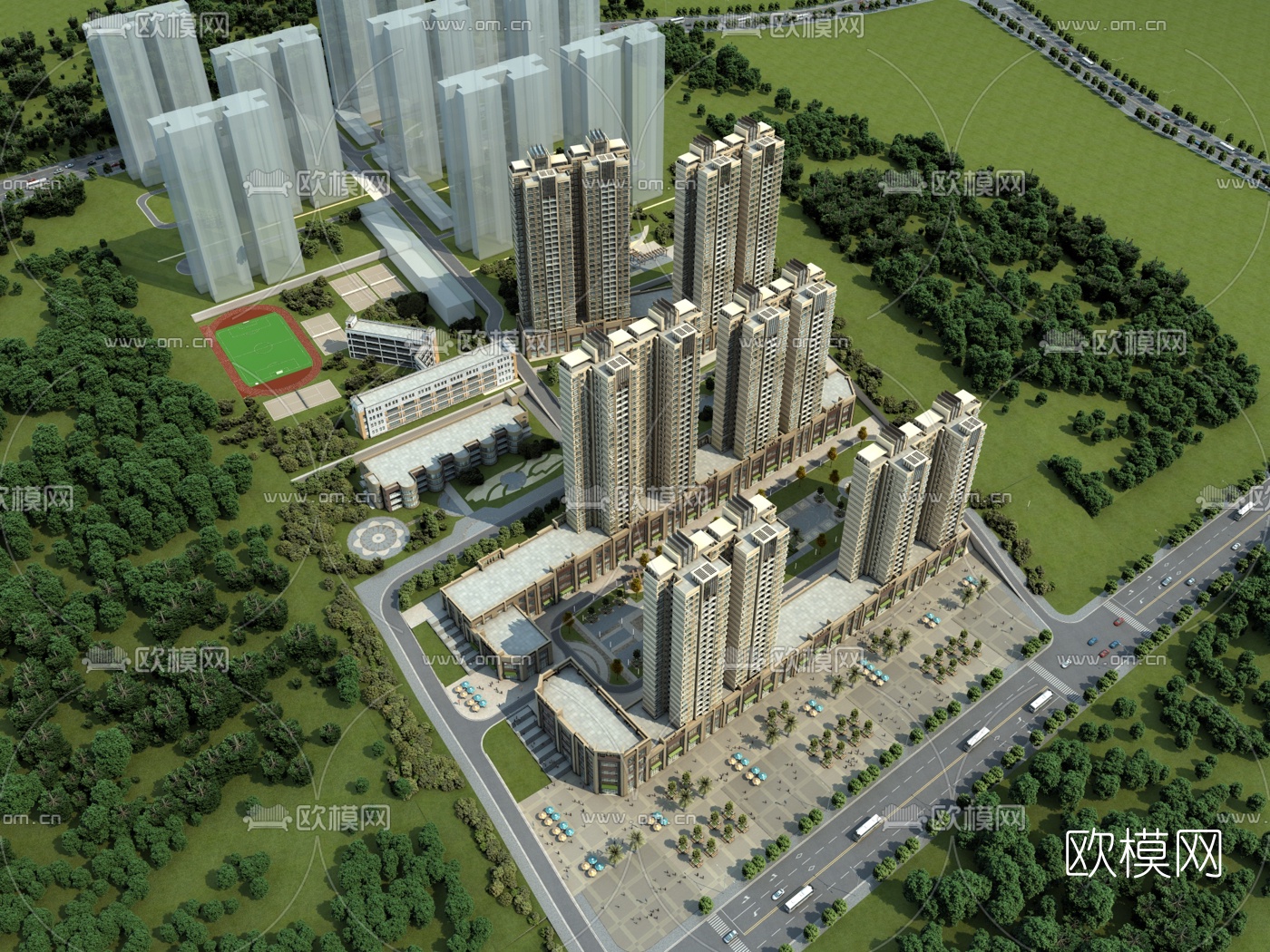 现代住宅小区鸟瞰3d模型