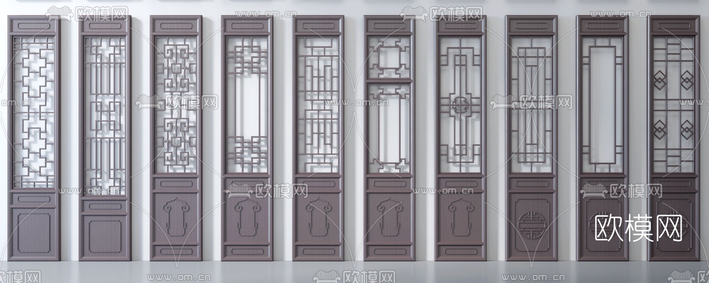中式实木栅格门窗屏风组合3d模型