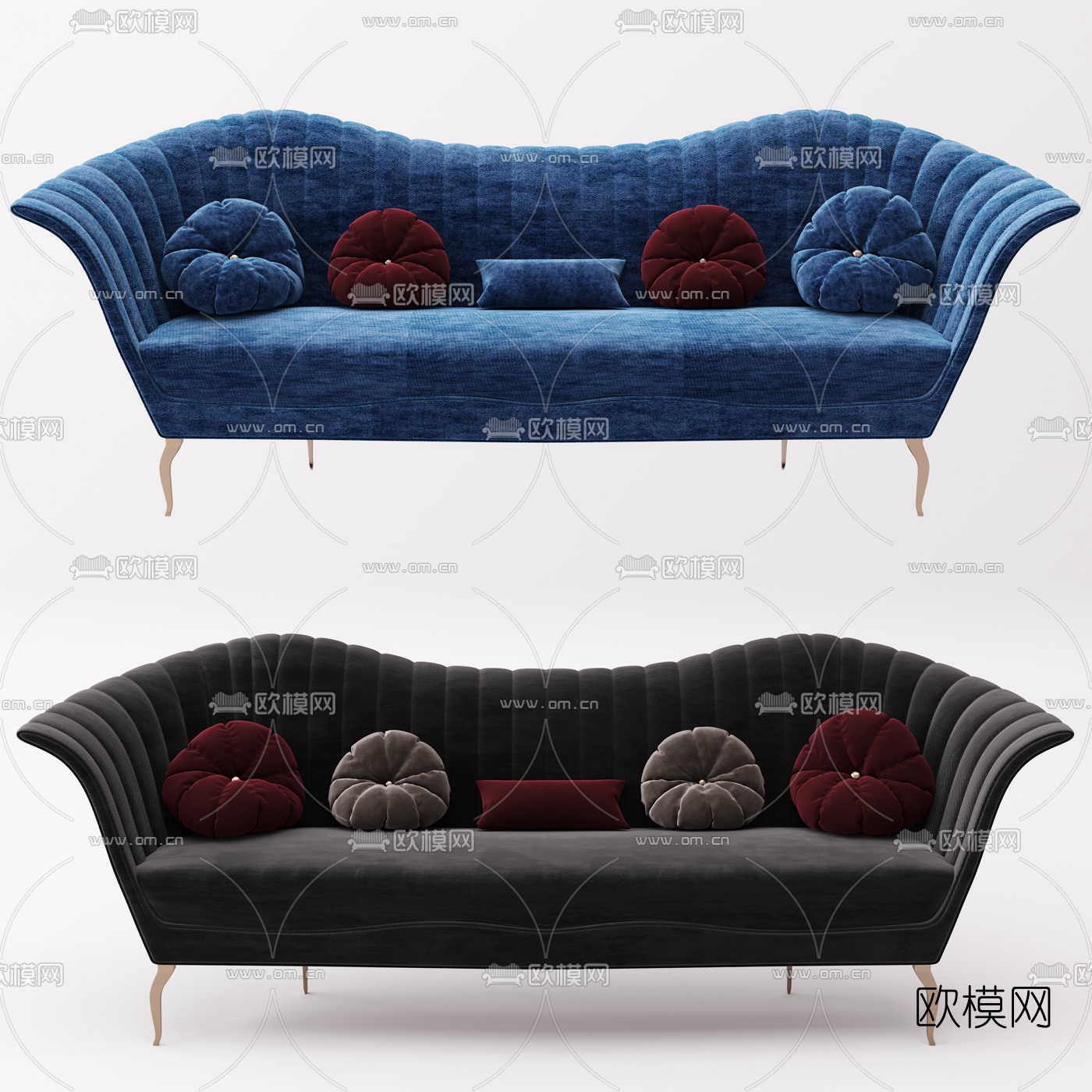 简欧布艺多人沙发3d模型下载（渲染图2）