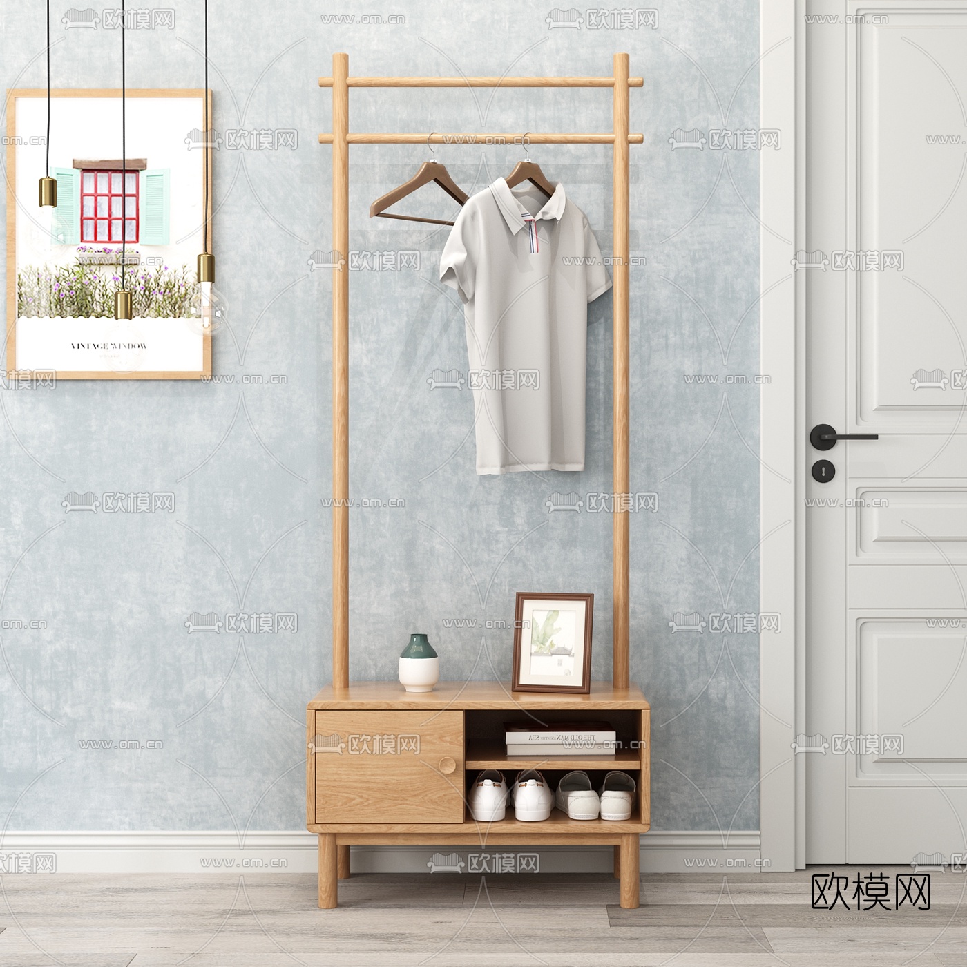 北欧实木衣帽架鞋柜3d模型下载（渲染图2）