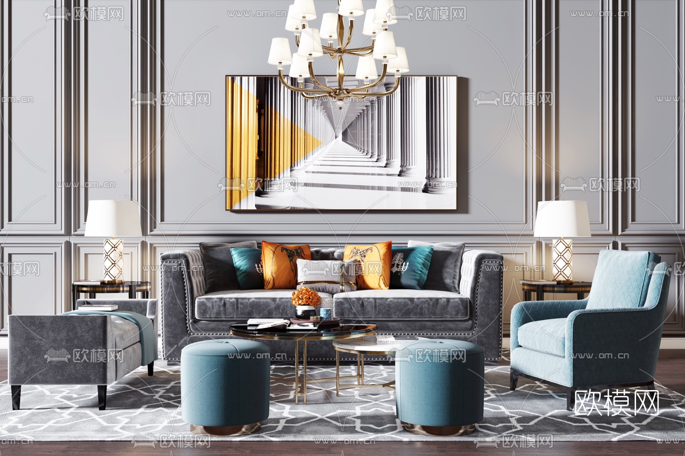 美式绒布沙发组合3d模型下载