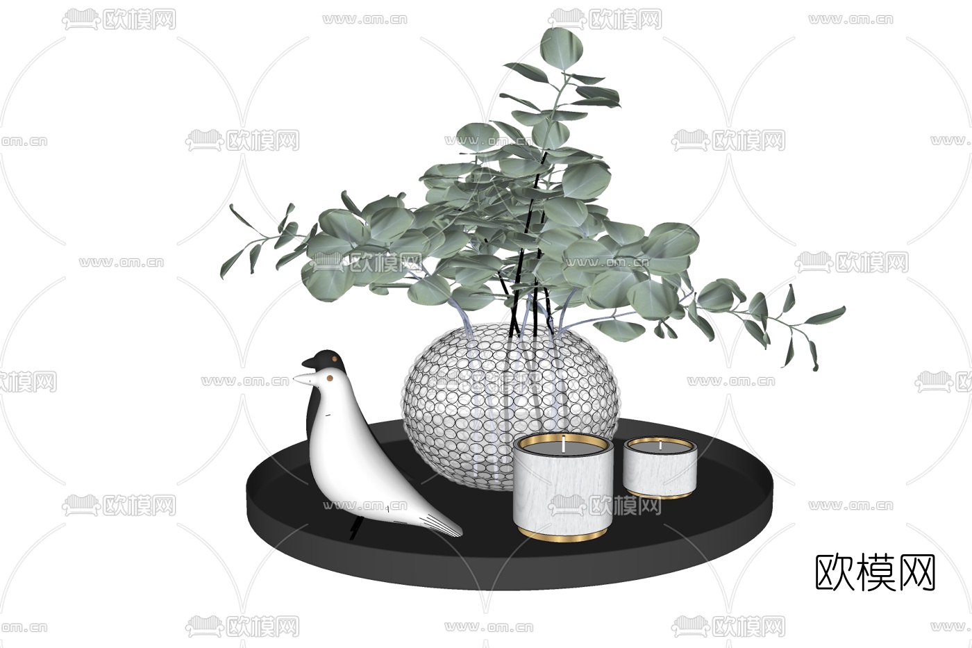 现代花瓶花卉小鸟摆件免费su模型