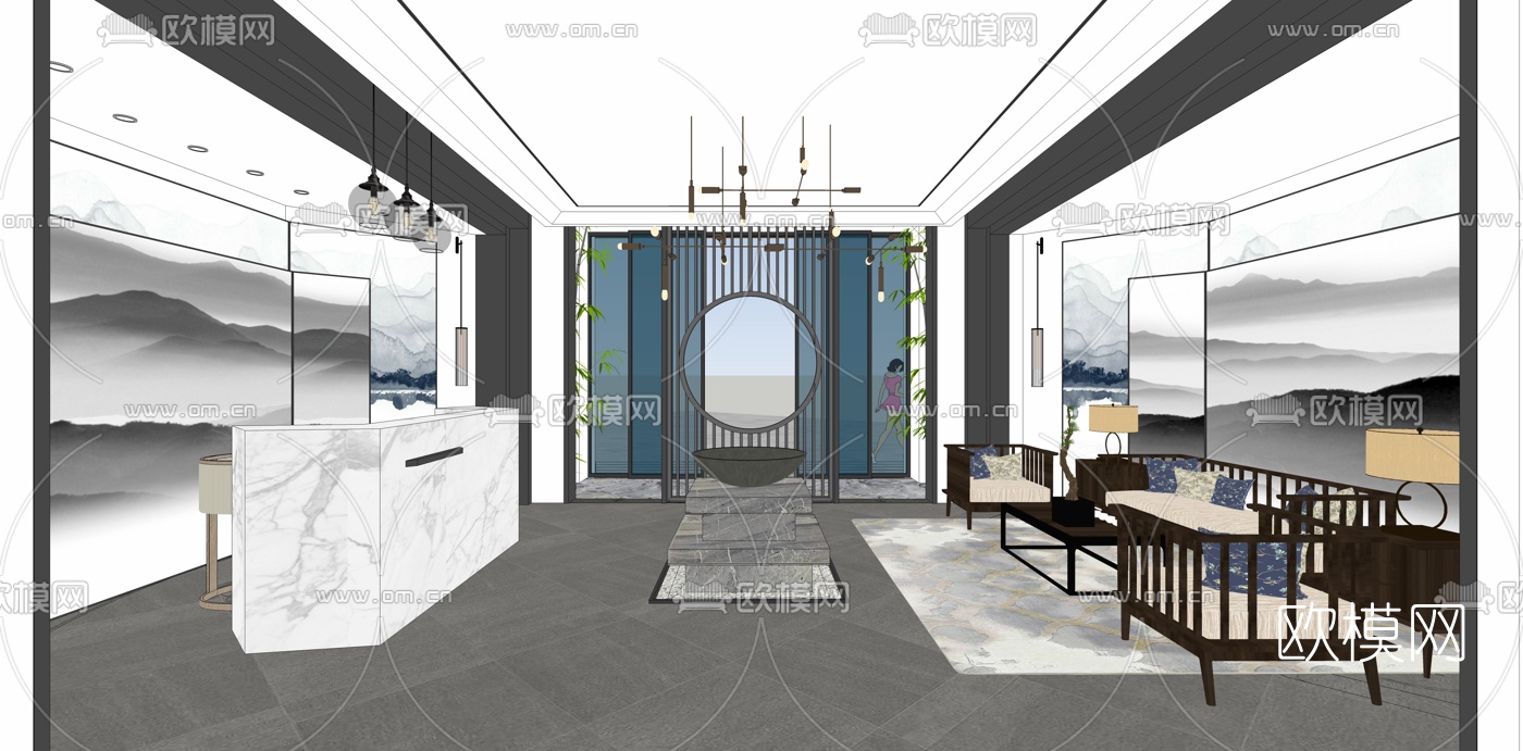新中式酒店大厅su模型下载（渲染图1）