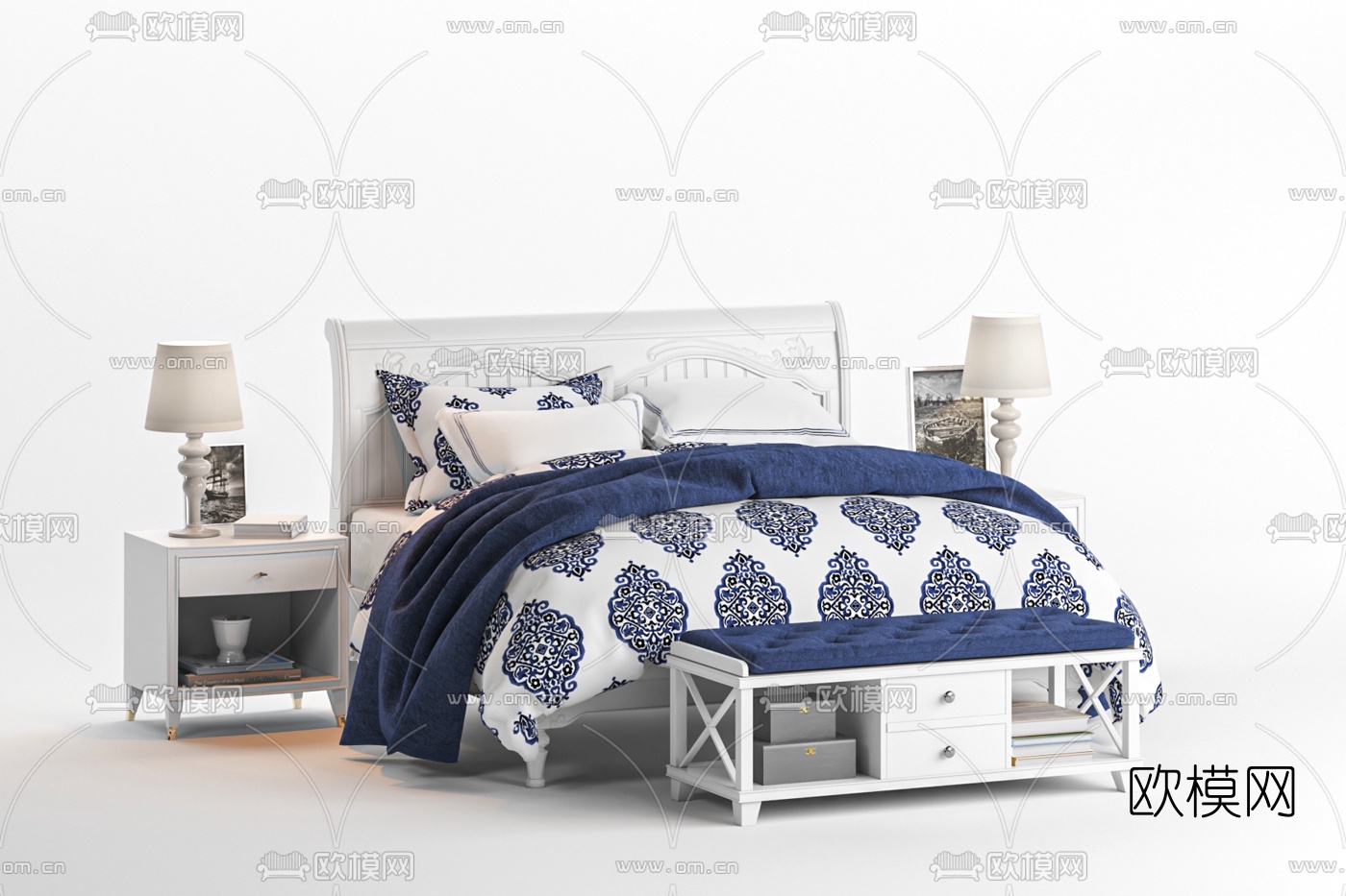 简美双人床3d模型下载