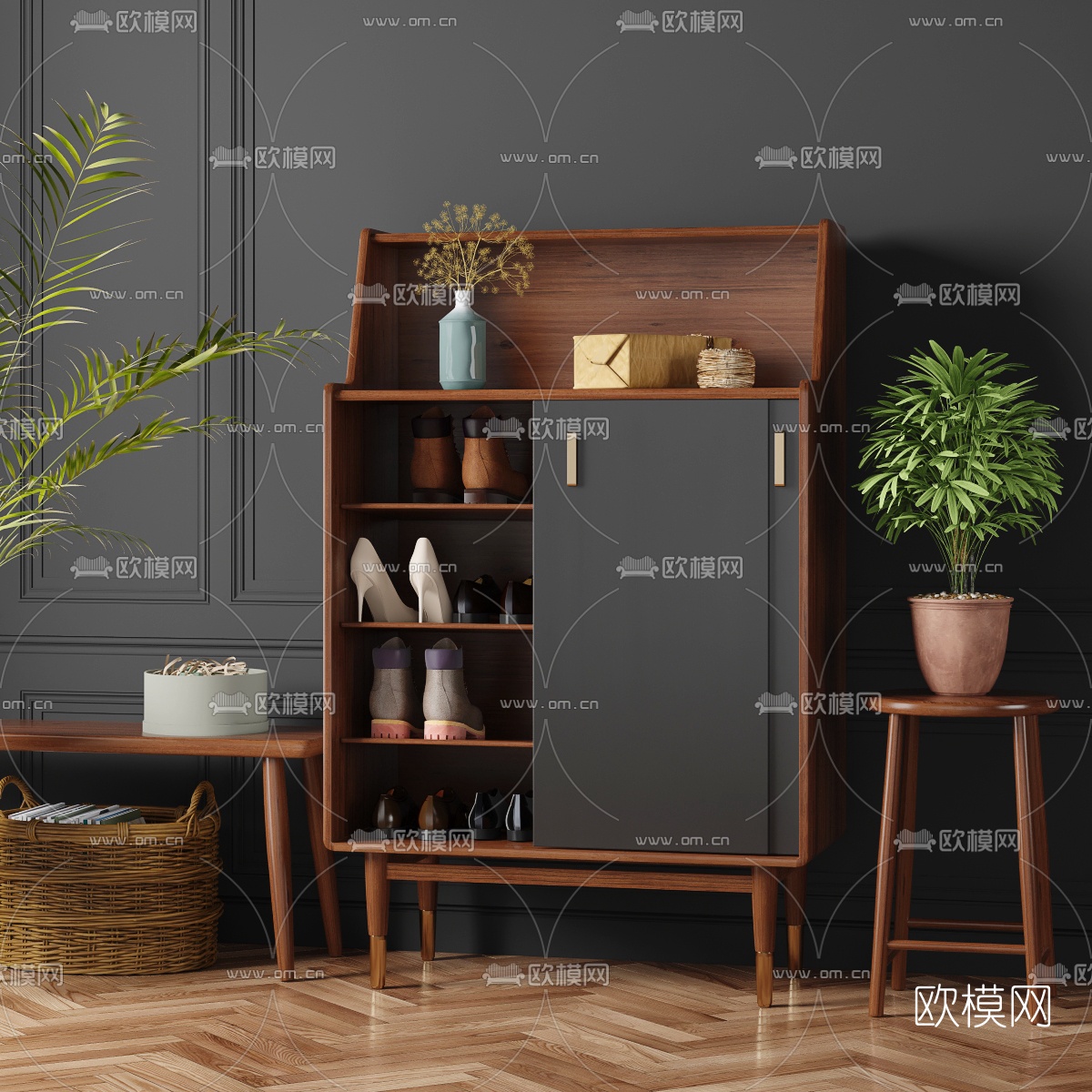 北欧原木鞋柜3d模型下载（渲染图1）