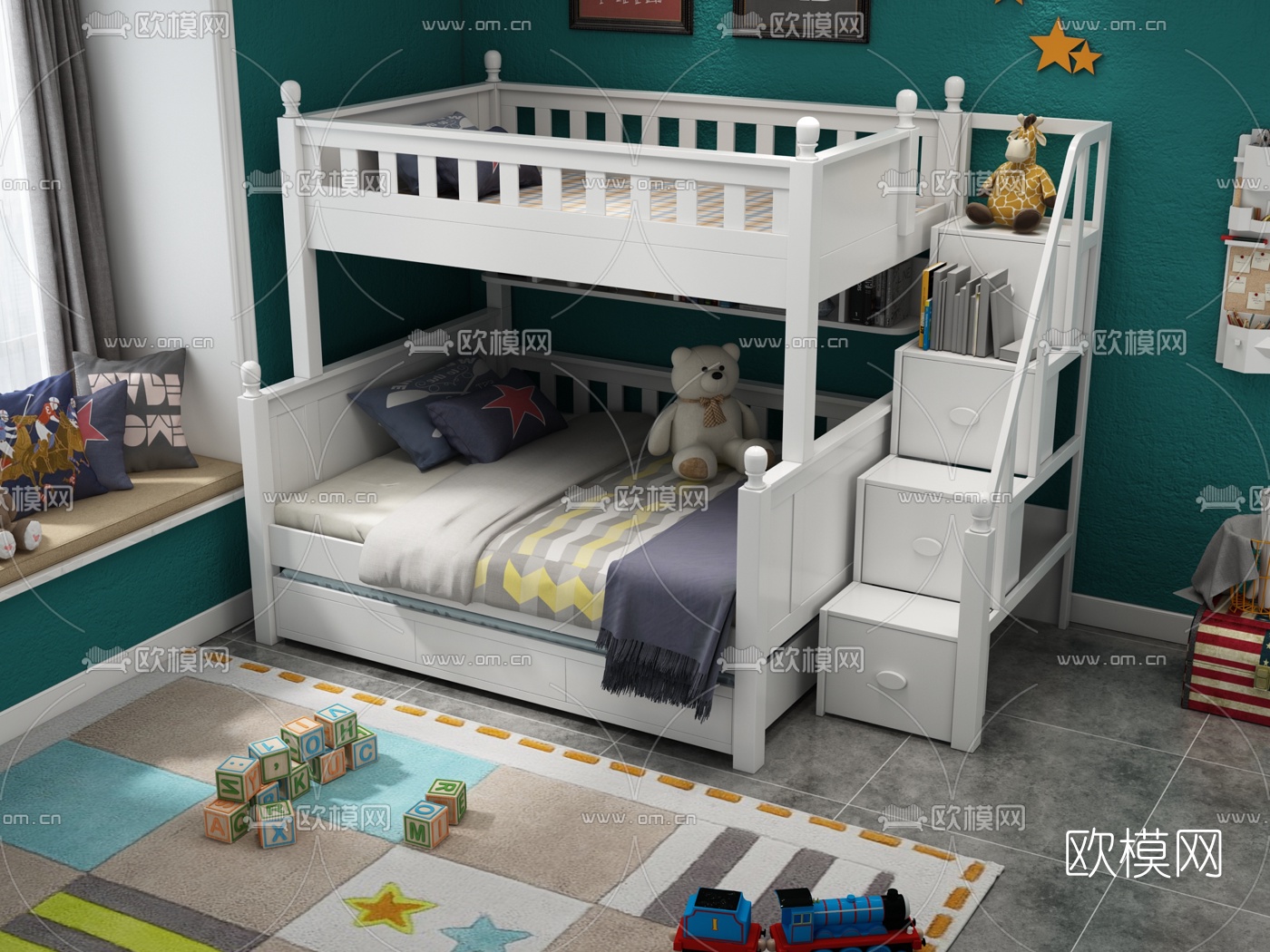 简欧实木上下铺儿童床3d模型下载