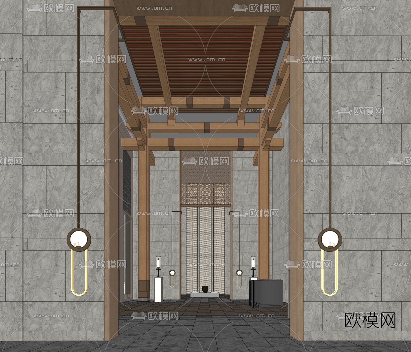新中式酒店大堂su模型
