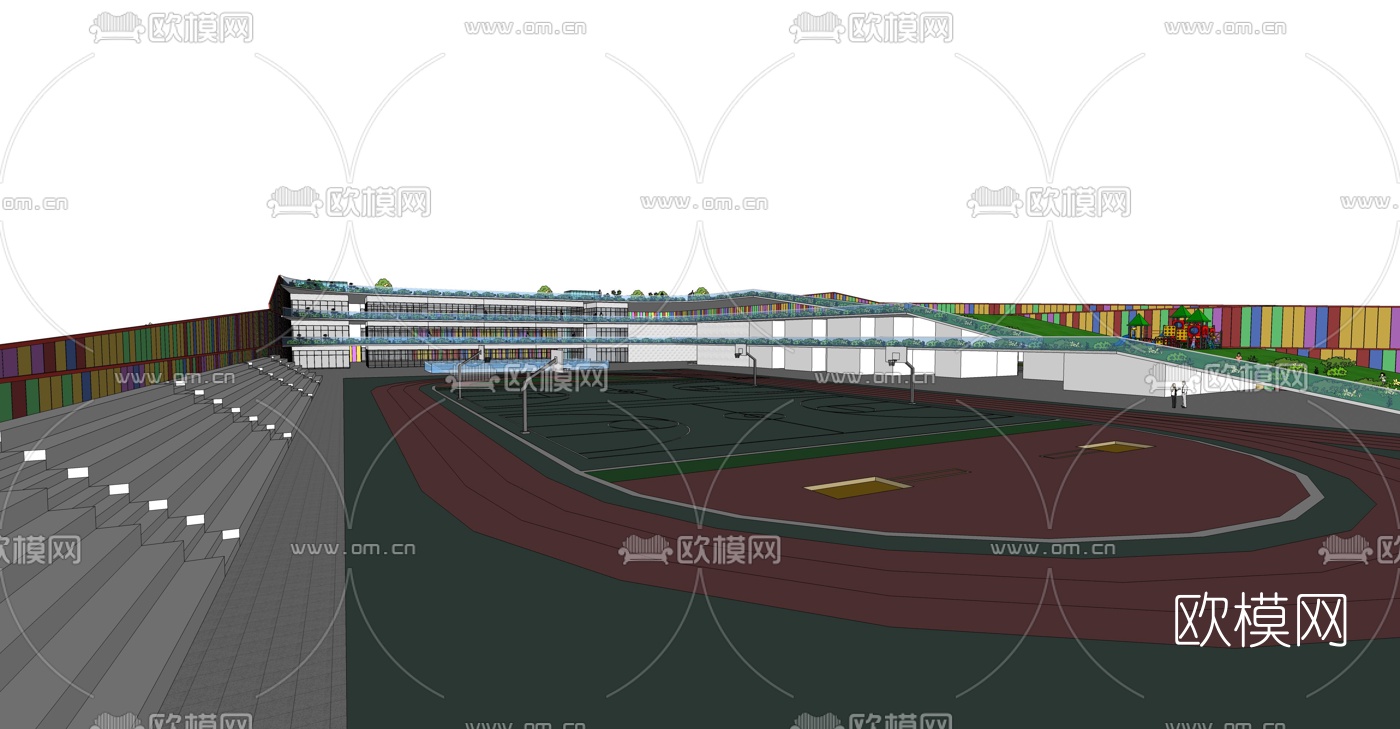 现代学校操场教学楼外观su模型下载（渲染图1）
