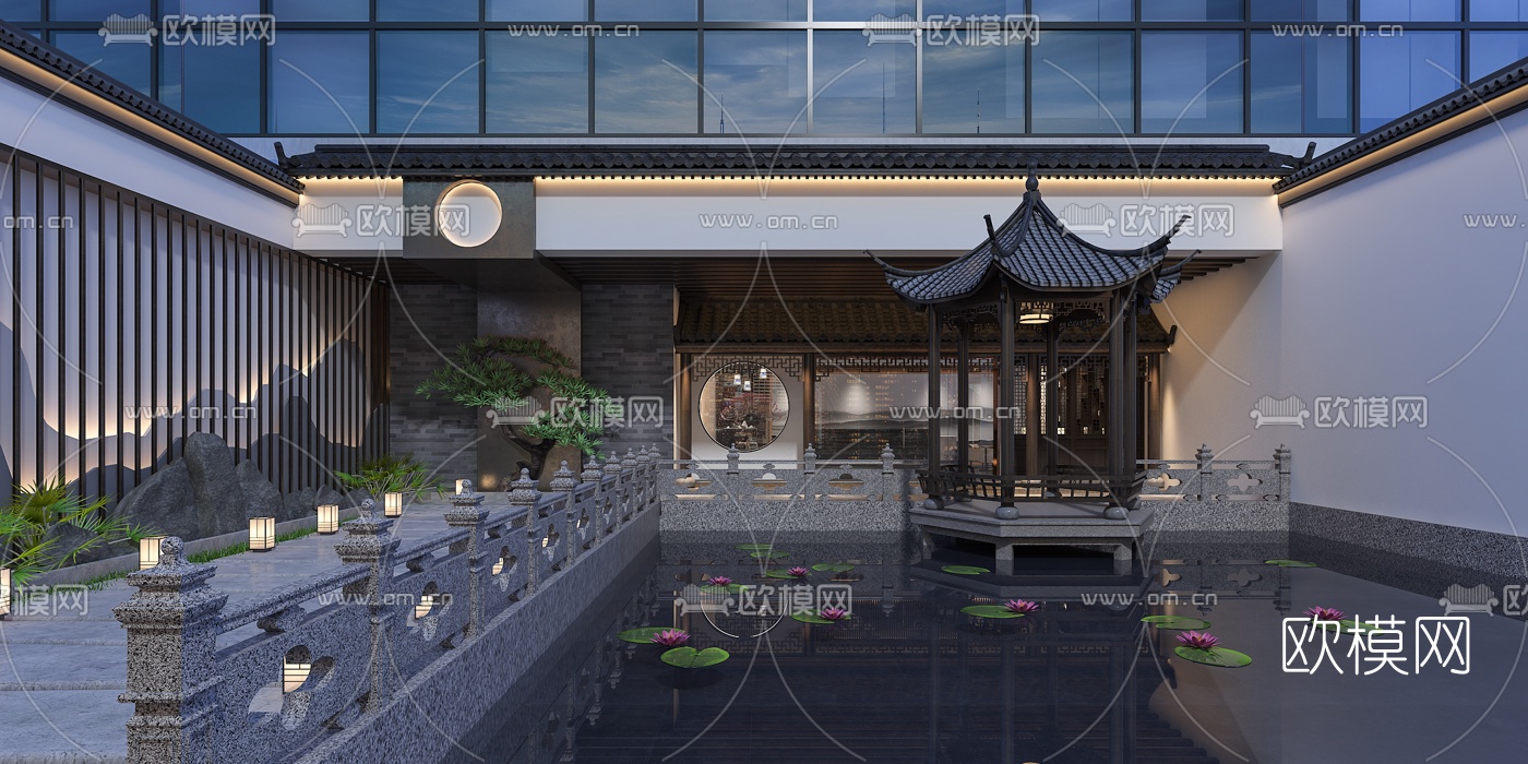 新中式酒店园林中庭过道3d模型下载