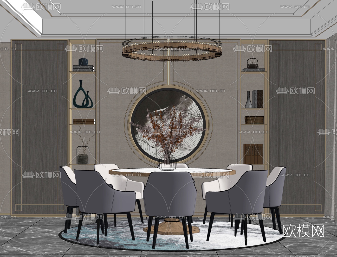新中式圆形餐桌椅su模型下载（渲染图3）