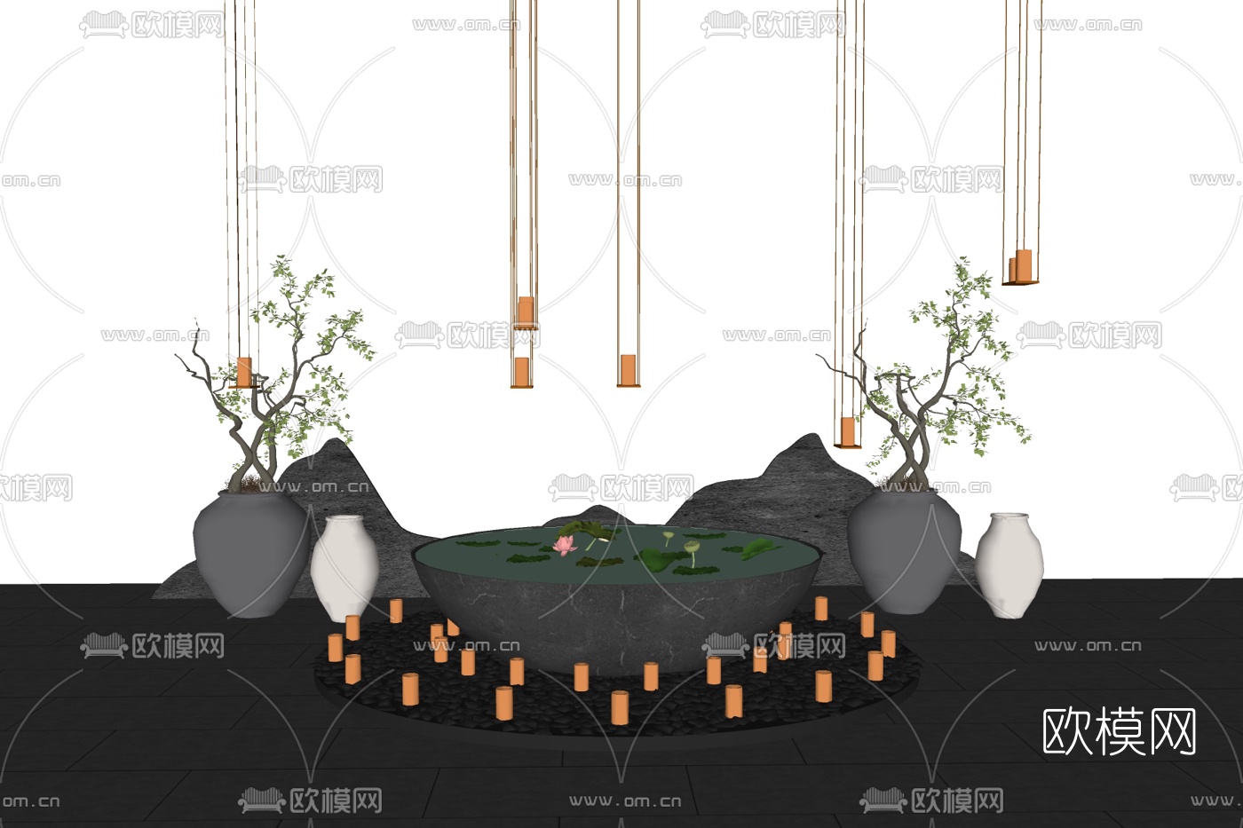 新中式荷花水缸小品su模型