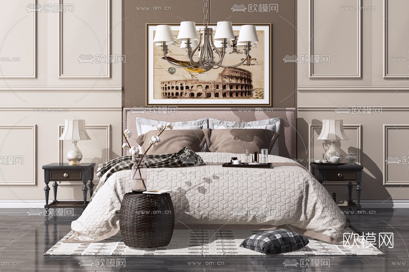 美式布艺双人床3d模型下载