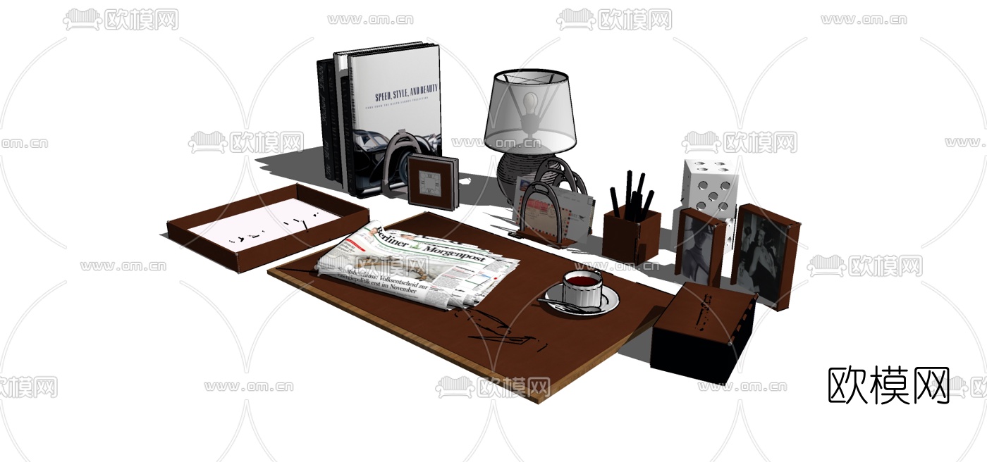 现代办公用品茶杯台灯摆件su模型下载